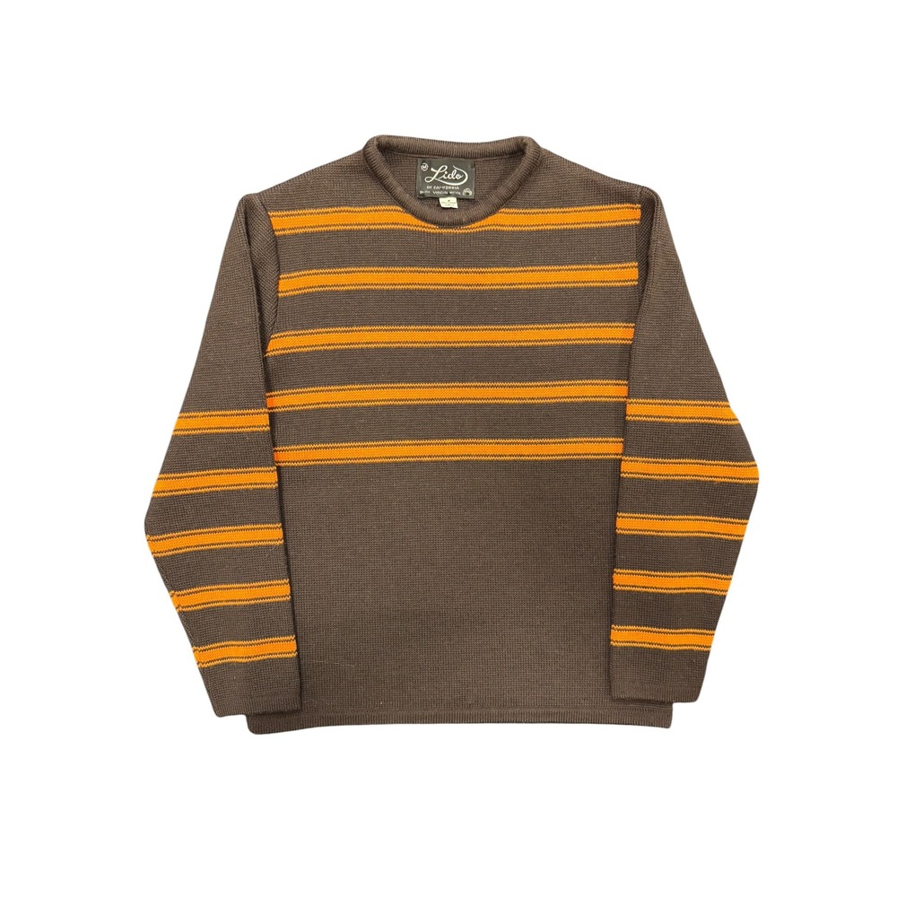 Lido of California Sweater Mens M Brown Orange Striped Virgin Wool Vintage EX